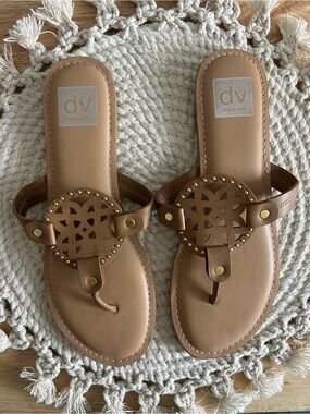 Dolce Vita Light Tan Gionna Leather Sandals with Emblem Embellished Straps